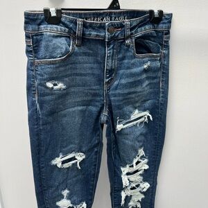 American Eagle Outfitters Women's Dark Blue Ripped Skinny Jeans